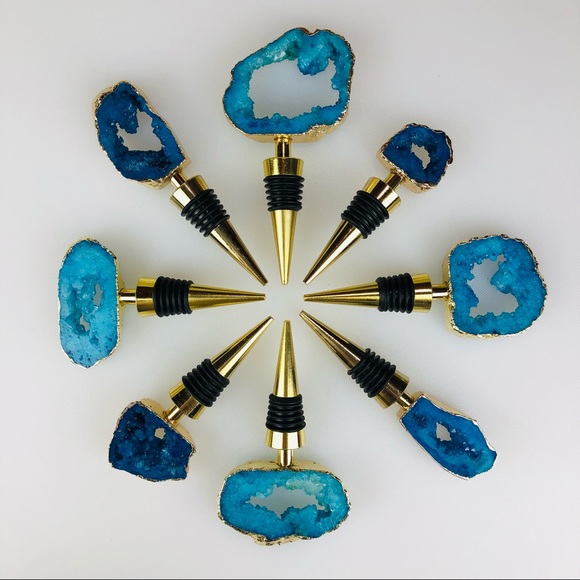 Blue Crystal Quartz Druzy Geode gold plated wine bottle stopper topper stone - Picture 1 of 11